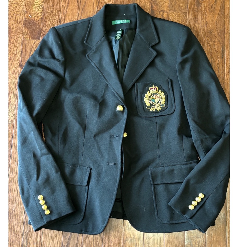 Lauren Ralph Lauren Black Wool Crest Blazer Gold Buttons Bullion Patch Womens 10